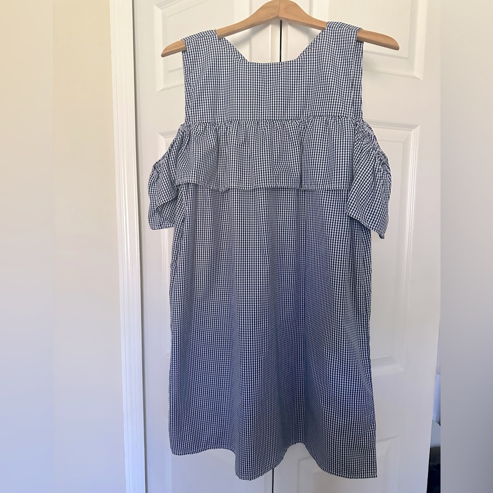 Style Envy Gingham. Shoulder ruffle, Mini Dress.